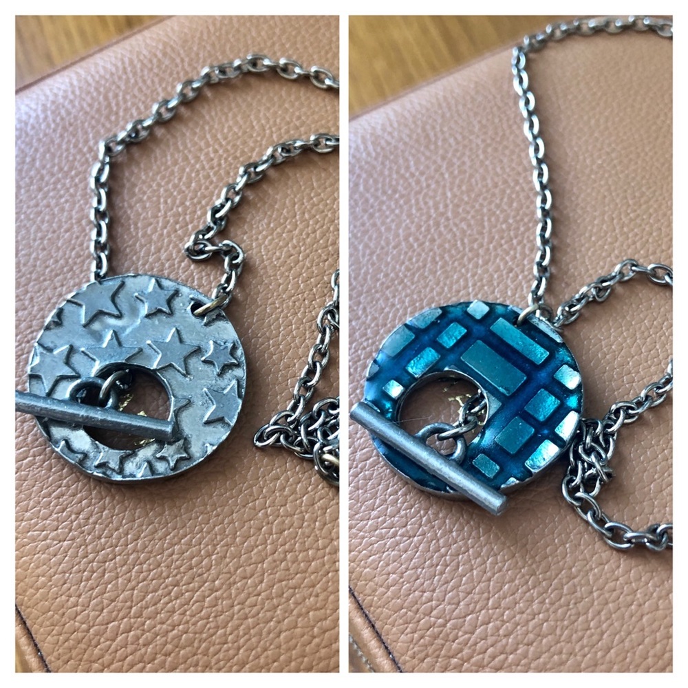 Front reversible toggle necklace - One side blue rectangles other side stars